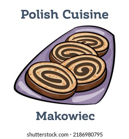 Polish makowiec. Poppy seed glazed roll, traditional Chistmas beigli cake on wooden table on black cutting board. 