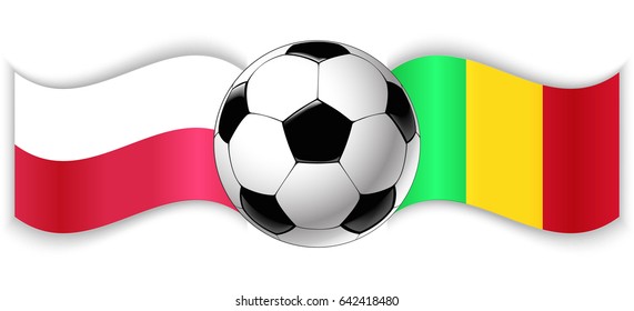 Polish and Malian wavy flags with football ball. Poland combined with Mali isolated on white. Football match or international sport competition concept.