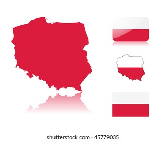 Polish map including: map with reflection, map in flag colors, glossy and normal flag of Poland.