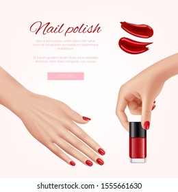 Polish nails ads. Woman beauty cosmetics fashion polish nail different colors female hands vector realistic advertising template