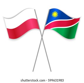 Polish and Namibian crossed flags. Poland combined with Namibia isolated on white. Language learning, international business or travel concept.