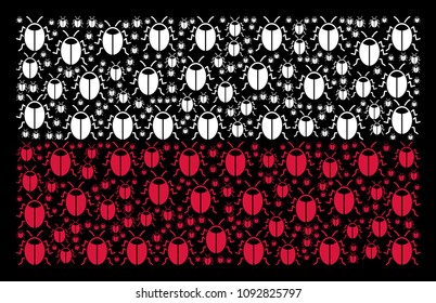 Polish National Flag composition constructed of bug pictograms. Flat vector bug icons are composed into mosaic Polish flag composition on a black background.