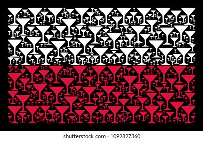 Polish National Flag composition constructed of alcohol glass pictograms. Flat vector alcohol glass icons are organized into geometric Polish flag collage on a black background.