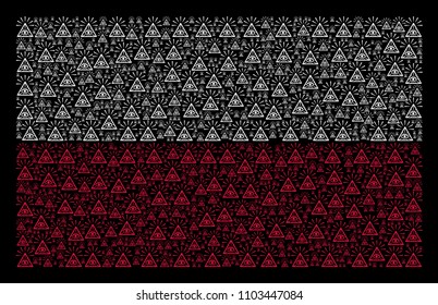 Polish National Flag pattern combined of total control eye pyramid elements. Flat vector total control eye pyramid icons are arranged into geometric Polish flag composition on a black background.