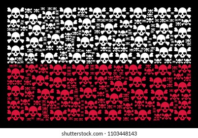 Polish National Flag pattern designed from skull crossbones pictograms. Flat vector skull crossbones symbols are organized into conceptual Polish flag pattern on a black background.