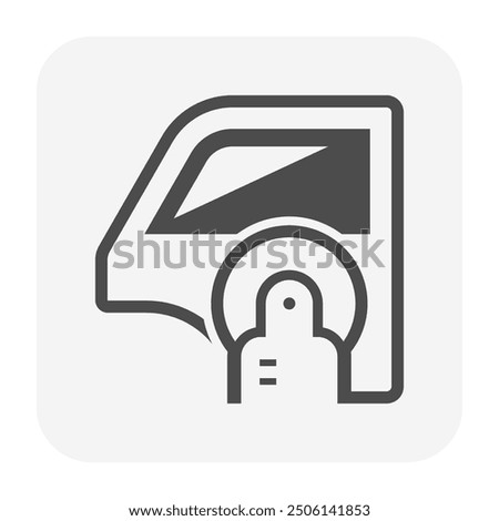 Polish paint vector icon consist of polisher machine, side door window panel or car part. May called buffing, rubbing, waxing. Service for paint repair, waxing, coating or scratches remove.