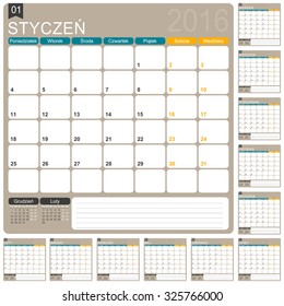Polish planning calendar 2016, week starts on Monday, vector illustration