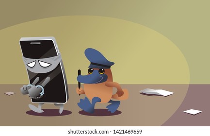 Polish platypus catch a cyber crime by smartphone. vector illustration isolated cartoon hand drawn background