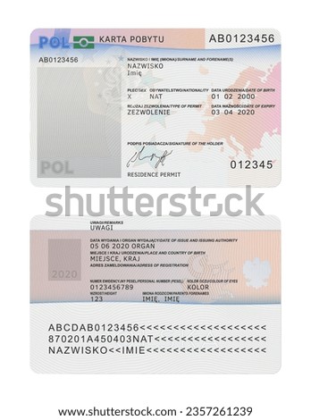 Polish residence permit card template. Document. Vector illustration. Poland