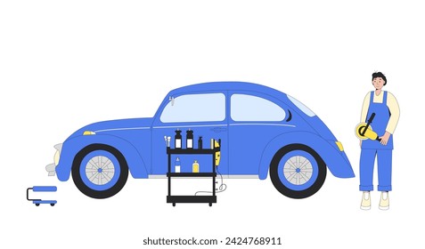 Polish retro car concept. Garage service for old auto body. Remove scratch on vehicle. Worker with automobile and machine prepare to restoration exterior. Vector illustration. svg