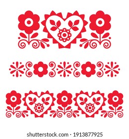 Polish retro floral folk art vector long patterns and design elements inspired by traditional embroidery, greeting card decor. Valentine's Day motifs with flowers, hearts and leaves - Lachy Sadeckie 