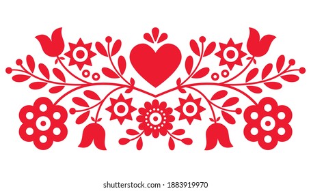 Diseño vectorial de arte folclórico retro polaco con flores y corazones perfectos para la tarjeta de saludo o invitación a la boda de San Valentín. Patrón eslavo tradicional inspirado en el bordado floral Lachy Sadeckie