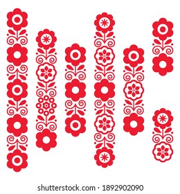 Polish retro folk art vector long vertical design elements set inspired by floral traditional embroidery, greeting card patterns. Romantic deoration sets with flowers and leaves in red and white