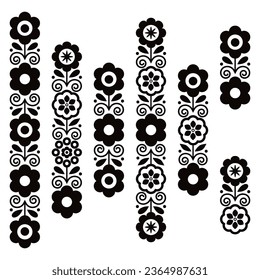 Polish retro folk art vector long vertical design elements set inspired by floral traditional embroidery, greeting card patterns in black and white. Romantic deoration sets with flowers and leaves 