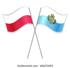 Polish and Sammarinese crossed flags. Poland combined with San Marino isolated on white. Language learning, international business or travel concept.