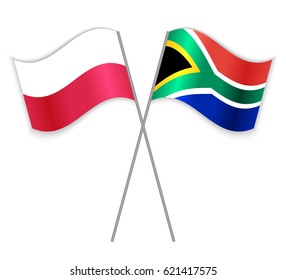 Polish and South African crossed flags. Poland combined with South Africa isolated on white. Language learning, international business or travel concept.