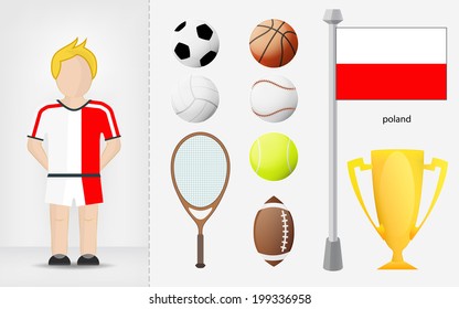 Polish sportsman with sport equipment collection vector illustrations