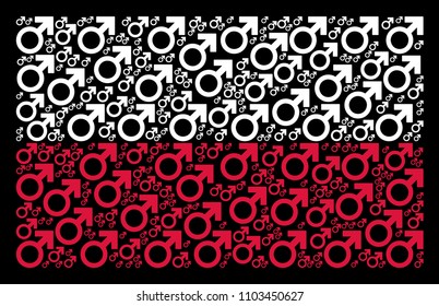 Polish State Flag collage composed from mars symbol pictograms. Flat vector mars symbol icons are composed into geometric Polish flag pattern on a black background.