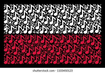 Polish State Flag concept combined from musical note design elements. Flat vector musical note icons are combined into conceptual Polish flag pattern on a black background.