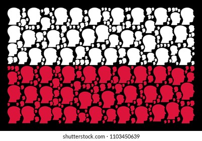 Polish State Flag concept organized with man head profile pictograms. Flat vector man head profile icons are united into mosaic Poland flag pattern on a black background.