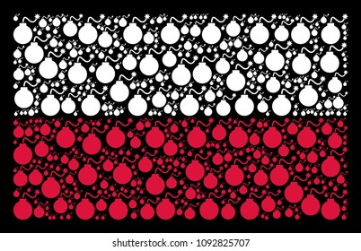 Polish State Flag mosaic done of bomb elements. Flat vector bomb symbols are combined into geometric Polish flag abstraction on a black background. Designed for political and patriotic propaganda.