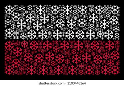 Polish State Flag mosaic organized from snowflake pictograms. Flat vector snowflake icons are organized into mosaic Poland flag composition on a black background.