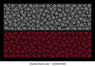 Polish State Flag pattern constructed with star pentagram pictograms. Flat vector star pentagram symbols are composed into mosaic Polish flag illustration on a black background.