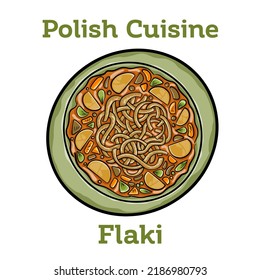 Polish stew flaki with vegetables close-up in a bowl. 