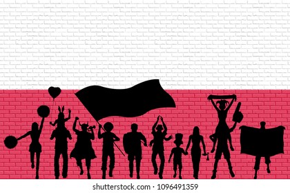 Polish supporter silhouette in front of brick wall with Poland flag. All the objects, silhouettes and the brick wall are in different layers. 