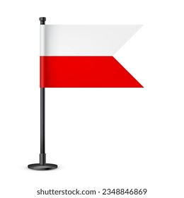 Polish table flag on a black steel pole. Souvenir from Poland. Desk flag made of paper or fabric and shiny metal stand. Mockup for promotion and advertising. Vector illustration