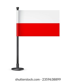Polish table flag on a black steel pole. Souvenir from Poland. Desk flag made of paper or fabric and shiny metal stand. Mockup for promotion and advertising. Vector illustration