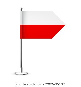 Polnische Tafelflagge auf einem Stollen aus Chromstahl. Souvenir aus Polen. Schreibtischflagge aus Papier oder Stoff und glänzender Metallständer. Mock up for promotion and advertising. Vektorgrafik