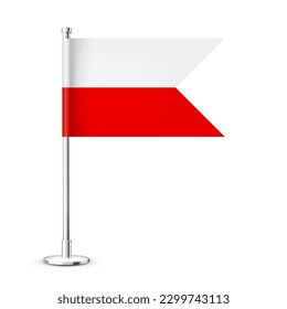 Polish table flag on a chrome steel pole. Souvenir from Poland. Desk flag made of paper or fabric and shiny metal stand. Mockup for promotion and advertising. Vector illustration