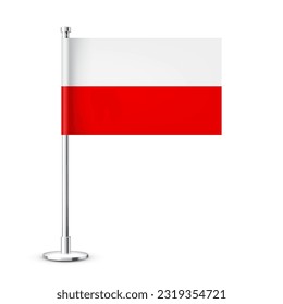 Polish table flag on a chrome steel pole. Souvenir from Poland. Desk flag made of paper or fabric and shiny metal stand. Mockup for promotion and advertising. Vector illustration