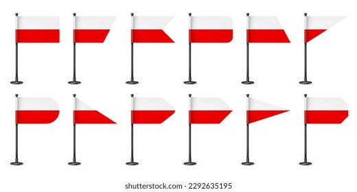Banderas de mesa polacas sobre un asta de acero negro. Un recuerdo de Polonia. Bandera de escritorio hecha de papel o tela, soporte de metal brillante. Tragedia para promoción y publicidad. Ilustración del vector