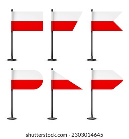 Polish table flags on a black steel pole. Souvenir from Poland. Desk flag made of paper or fabric, shiny metal stand. Mockup for promotion and advertising. Vector illustration