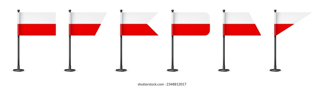 Polish table flags on a black steel pole. Souvenir from Poland. Desk flag made of paper or fabric, shiny metal stand. Mockup for promotion and advertising. Vector illustration