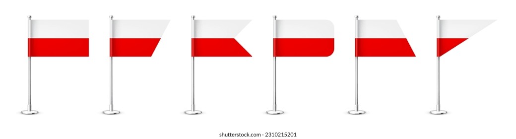 Polish table flags on a chrome steel pole. Souvenir from Poland. Desk flag made of paper or fabric, shiny metal stand. Mockup for promotion and advertising. Vector illustration