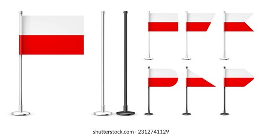 Polish table flags on a chrome steel pole. Souvenir from Poland. Desk flag made of paper or fabric, shiny metal stand. Mockup for promotion and advertising. Vector illustration