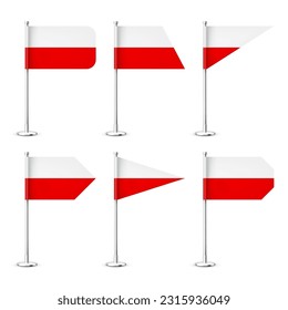 Polish table flags on a chrome steel pole. Souvenir from Poland. Desk flag made of paper or fabric, shiny metal stand. Mockup for promotion and advertising. Vector illustration