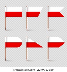 Polish toothpick flags. Souvenir from Poland. Wooden toothpicks with paper flag. Location mark, map pointer. Blank mockup for advertising and promotions. Vector illustration