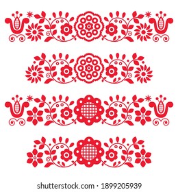 Polish traditional floral folk art vector long vertical design elements inspired by old embroidery - Lachy Sadeckie. Romantic ornamental pattern set with flowers, hearts and leaves in red and white