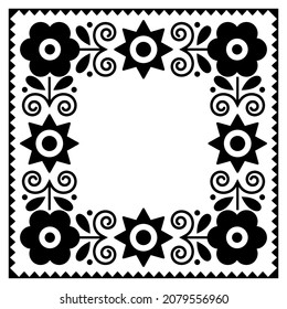 Polish traditional folk art square frame or border vector monochrome design with flowers, perfect for greeting card or wedding invitation. Retro Slavic pattern with floral motif, black pattern