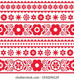 Polish traditional folk art vector seamless textile or fabric print pattern with floral motif - Lachy Sadeckie. Spring repetitive wallpaper design with flowers, old ethnic decoration from Poland