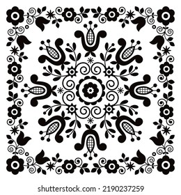 Polish traditional folk art vector greeting card design with floral frame, retro ornament on black and white. Spring monochrome design with flowers inspired by old embroidery Lachy Sadeckie 