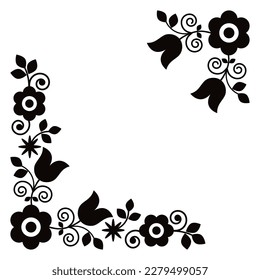 Polish traditional folk art vector corner black and white design set with flowers perfect for greeting card or wedding invitation. Retro floral Slavic pattern set inspired by embroidery Lachy Sadeckie