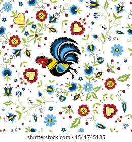 Polish traditional regional folk pattern with a rooster flower and hear ornamental design