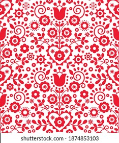 Polish traditional vector seamless pattern with flowers and hearts inspired by folk art embroidery Lachy Sadeckie - textile or fabric print ornament. Old design from Nowy Sacz, Poland