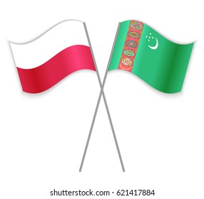 Polish and Turkmen crossed flags. Poland combined with Turkmenistan isolated on white. Language learning, international business or travel concept.