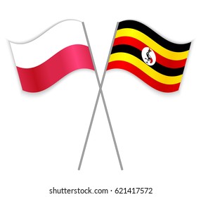 Polish and Ugandan crossed flags. Poland combined with Uganda isolated on white. Language learning, international business or travel concept.